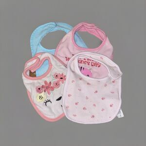 Lot Of Four Baby Girl Bibs And Three Pair Of Little Socks Mixed Brands